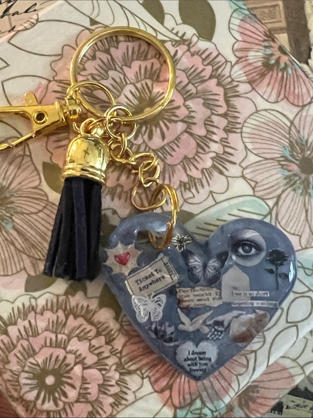 Heart Collage Keychain, backpack harm  or purse charm with Tassel - Black